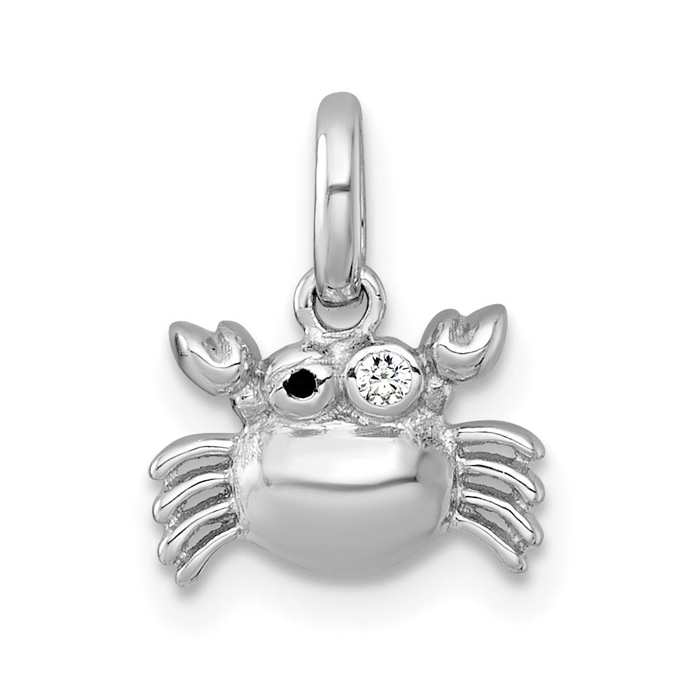 Sterling Silver RH-pl Polished Black Enamel and CZ Crab Pendant