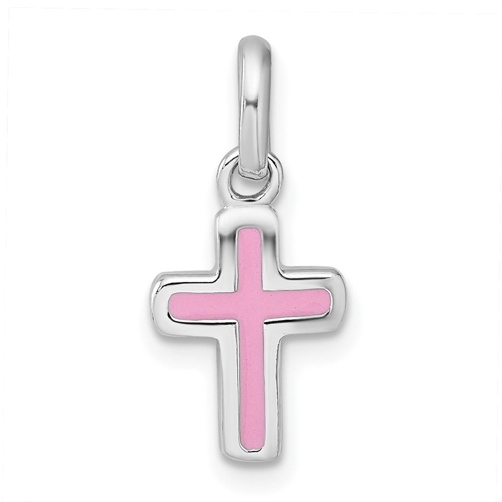 Sterling Silver Rhodium-plated Enamel Pink Cross Pendant