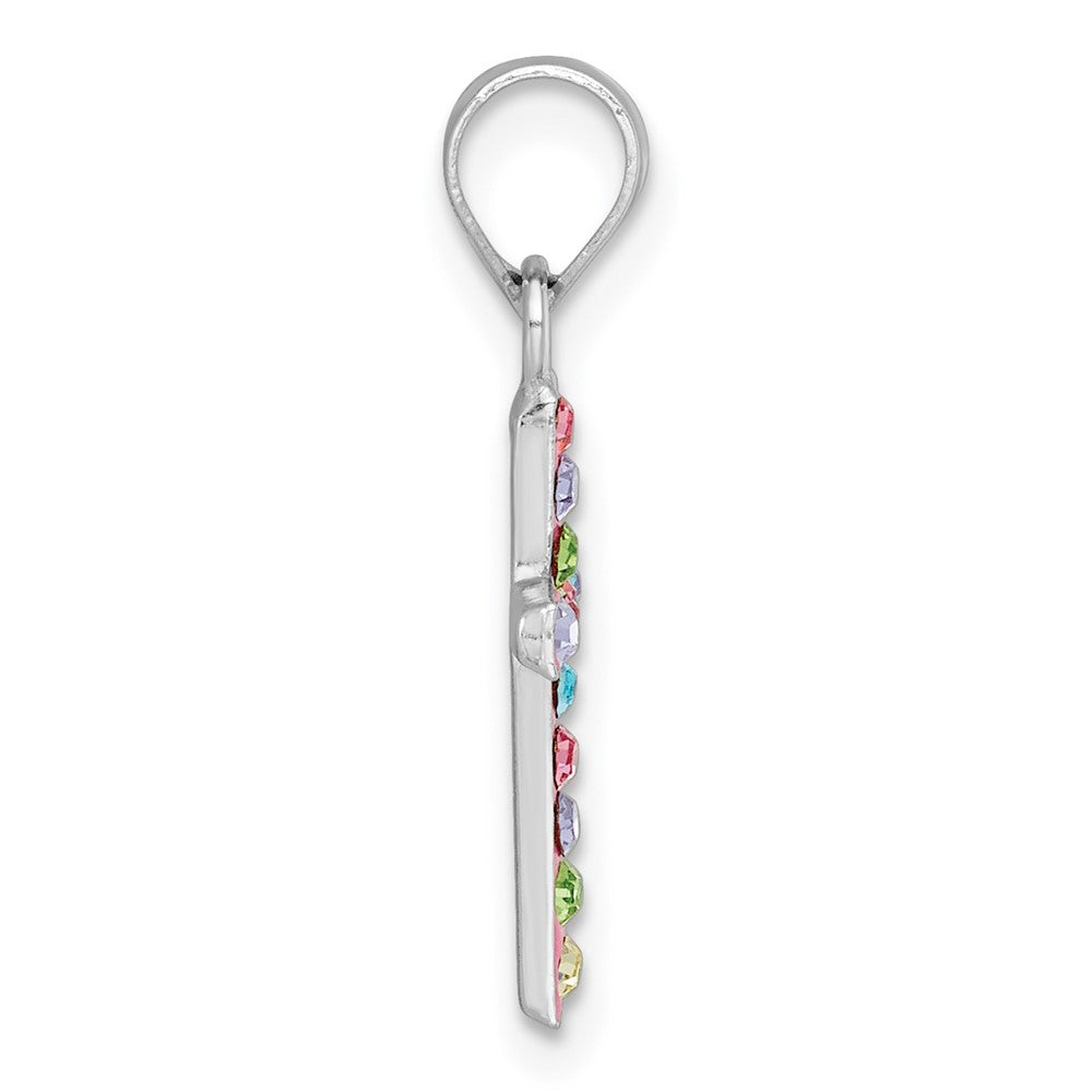 Sterling Silver RH-pl Pink Multi-color Crystal Cross Pendant