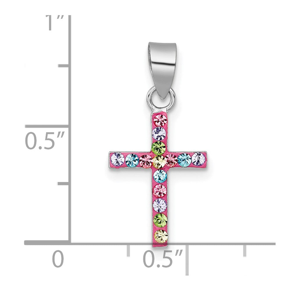 Sterling Silver RH-pl Pink Multi-color Crystal Cross Pendant