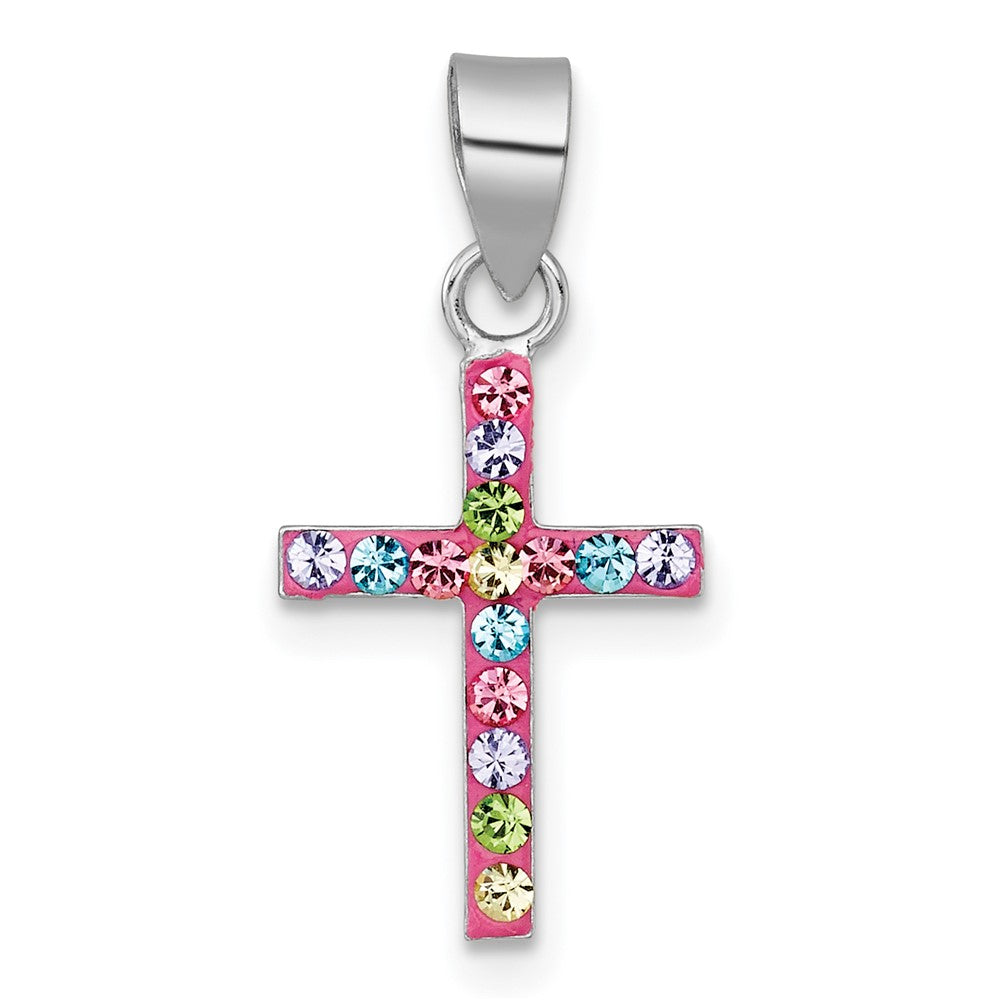 Sterling Silver RH-pl Pink Multi-color Crystal Cross Pendant