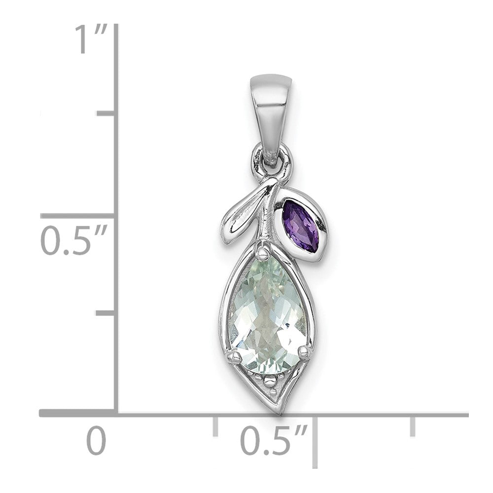 SS RH-plated Polished Amethyst and Green Quartz Leaf Pendant
