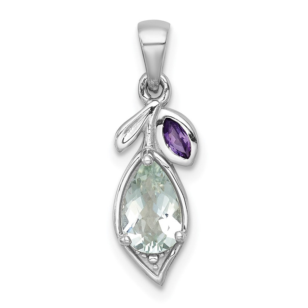 SS RH-plated Polished Amethyst and Green Quartz Leaf Pendant