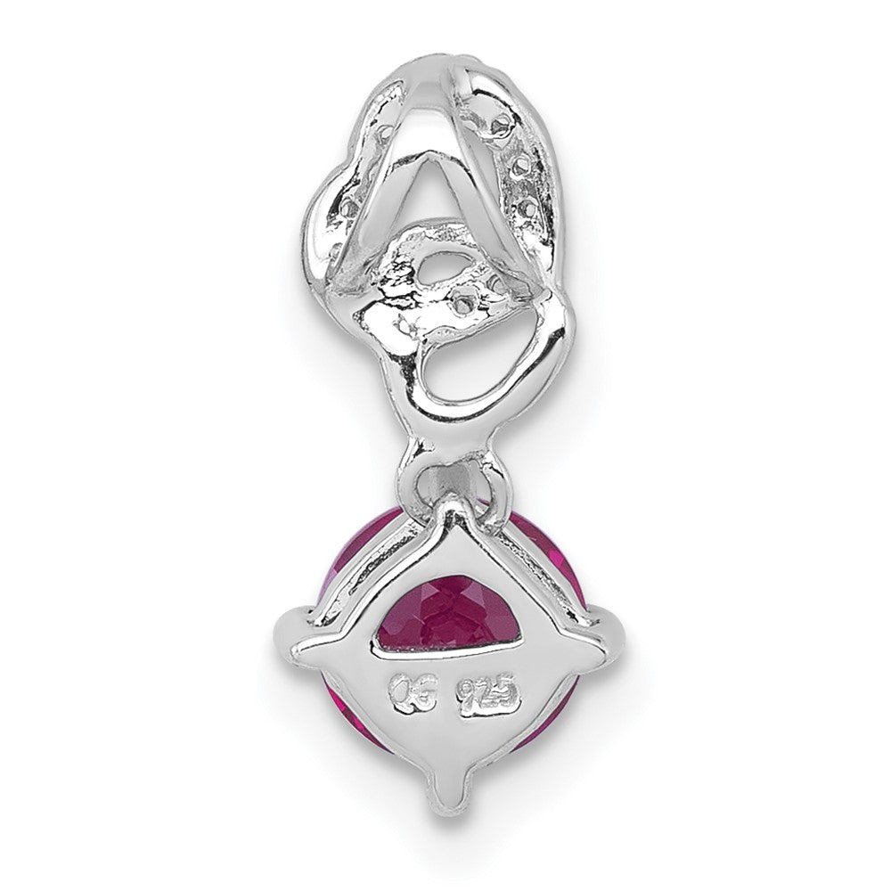 SS RH-plated Polished Cr. Ruby & CZ Dangling Heart Chain Slide