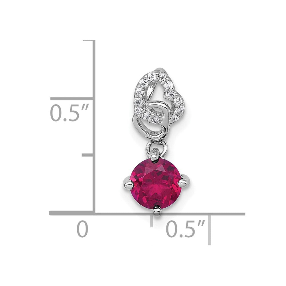 SS RH-plated Polished Cr. Ruby & CZ Dangling Heart Chain Slide