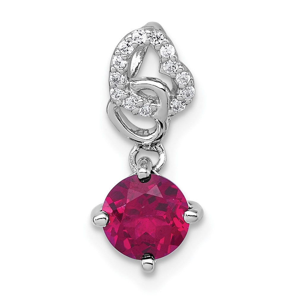 SS RH-plated Polished Cr. Ruby & CZ Dangling Heart Chain Slide