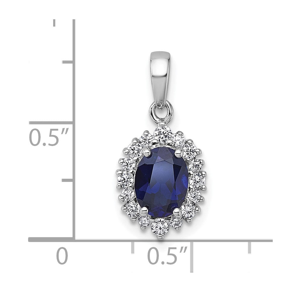SS RH-plated Polished Created Sapphire and CZ Oval Halo Pendant