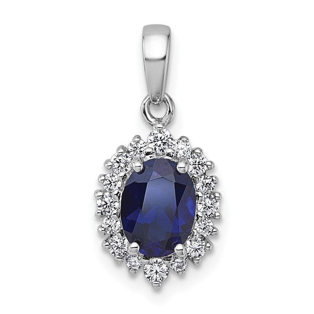 SS RH-plated Polished Created Sapphire and CZ Oval Halo Pendant