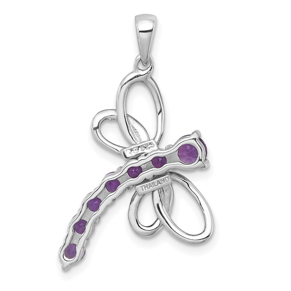 Sterling Silver RH-plated Polished Amethyst Dragonfly Pendant