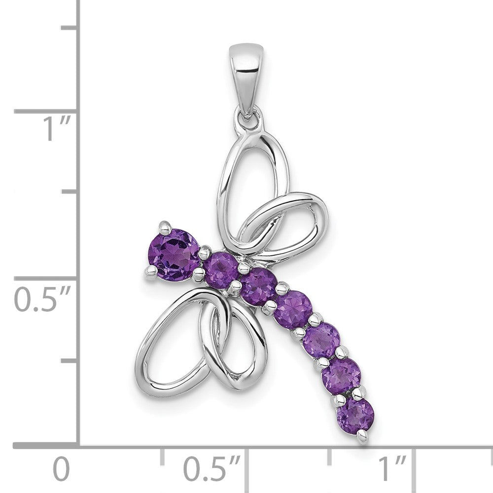 Sterling Silver RH-plated Polished Amethyst Dragonfly Pendant