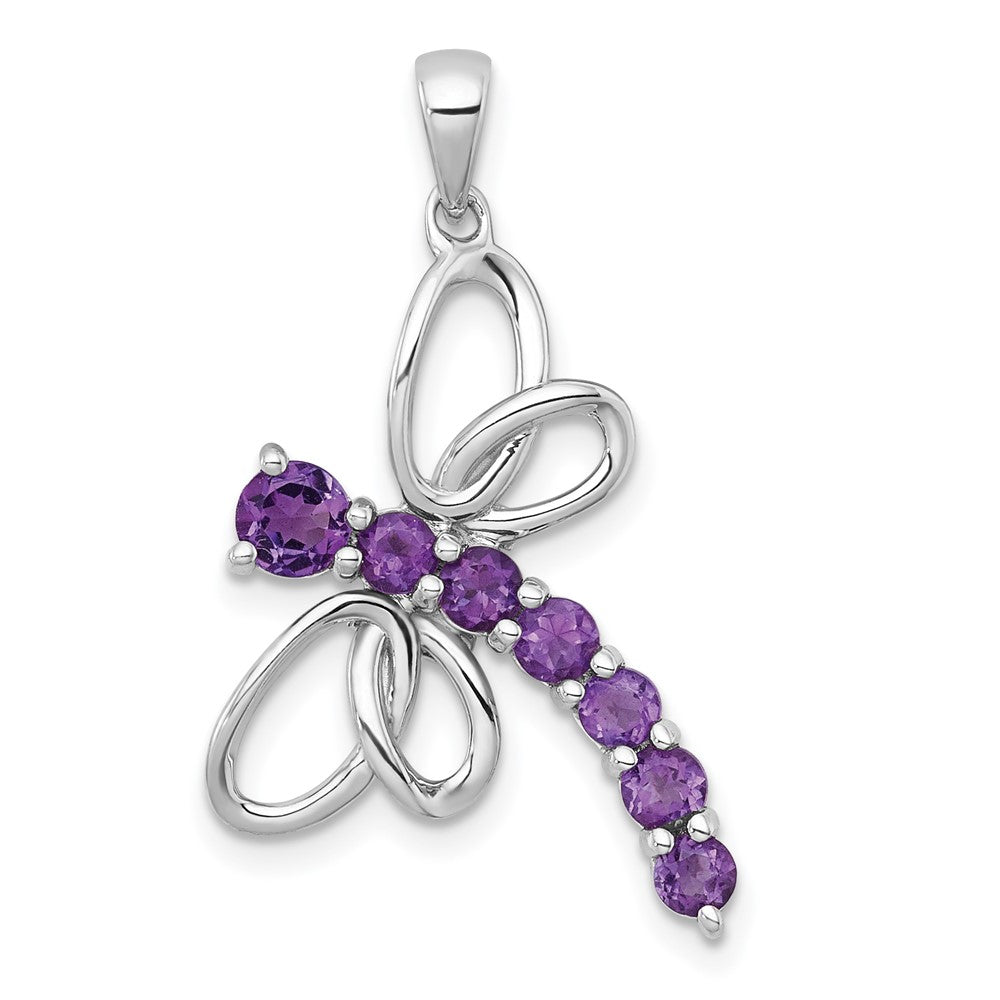 Sterling Silver RH-plated Polished Amethyst Dragonfly Pendant