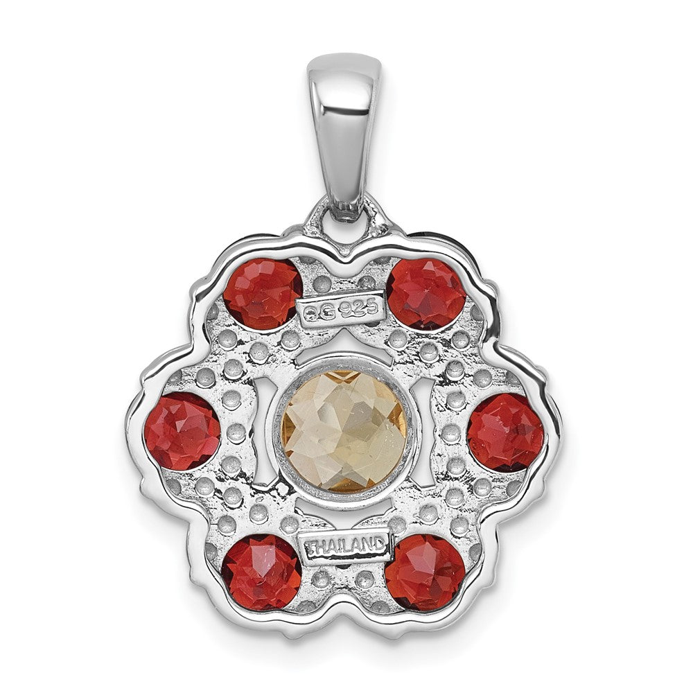 SS RH-pltd Polished Citrine and Garnet Flower Pendant