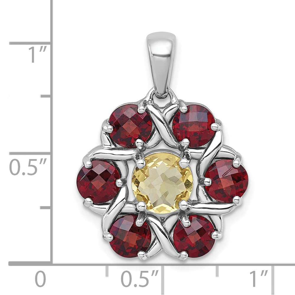 SS RH-pltd Polished Citrine and Garnet Flower Pendant