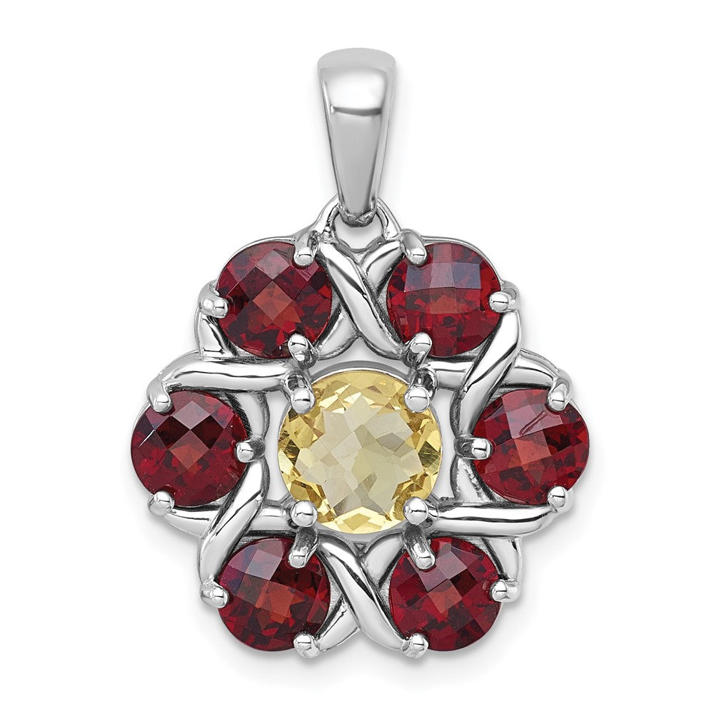 SS RH-pltd Polished Citrine and Garnet Flower Pendant