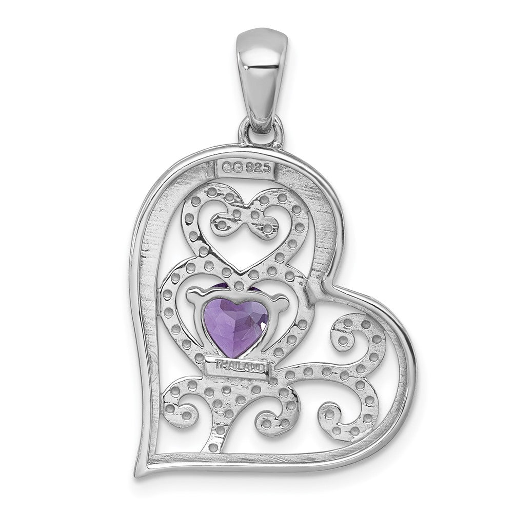 SS RH-pltd Polished and Beaded Amethyst Open Heart Pendant