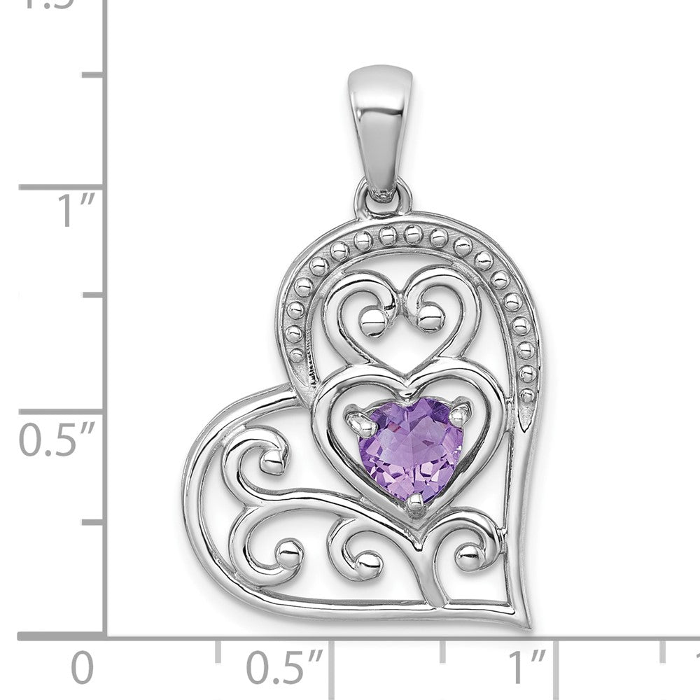SS RH-pltd Polished and Beaded Amethyst Open Heart Pendant
