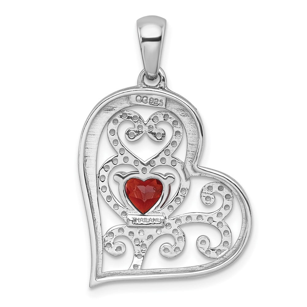 SS RH-pltd Polished and Beaded Garnet Open Heart Pendant