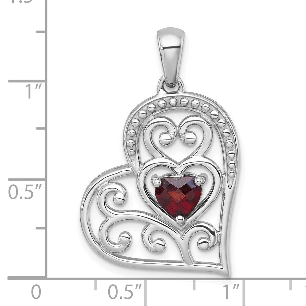 SS RH-pltd Polished and Beaded Garnet Open Heart Pendant