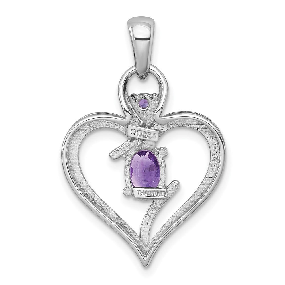 Sterling Silver RH-plated Polished Amethyst Open Heart Pendant