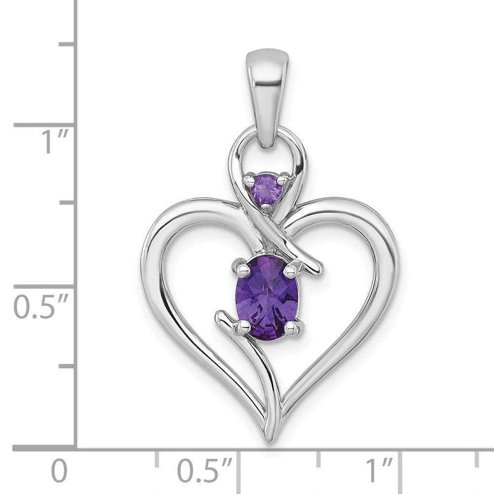 Sterling Silver RH-plated Polished Amethyst Open Heart Pendant