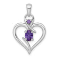 Sterling Silver RH-plated Polished Amethyst Open Heart Pendant