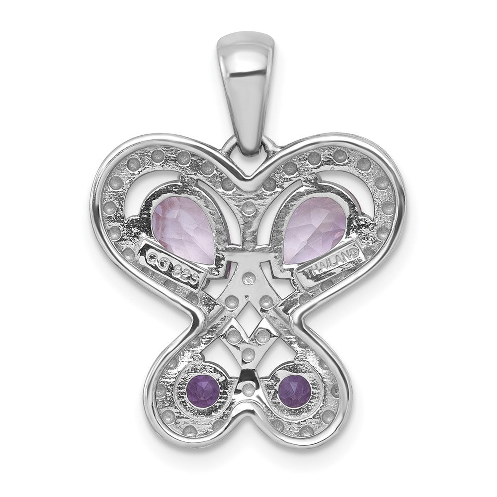 SS RH-pltd Amethyst/Rose de France Quartz Heart Butterfly Pendant