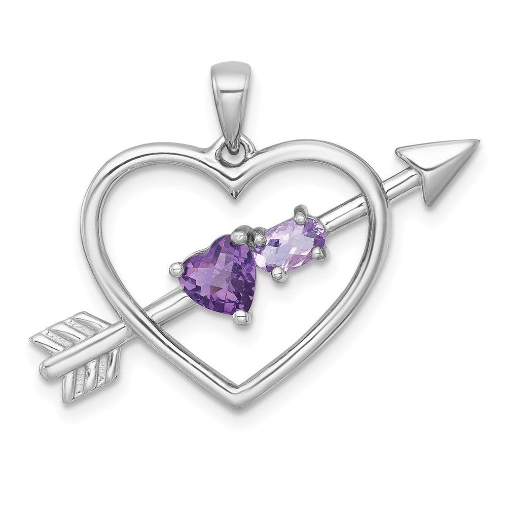 SS RH-plated Amethyst/Rose de France Quartz Arrow Heart Pendant