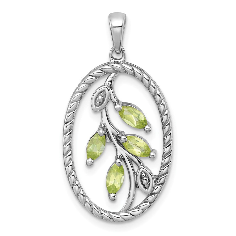 SS RH-plated Polished and Twisted Peridot Leaf Oval Pendant