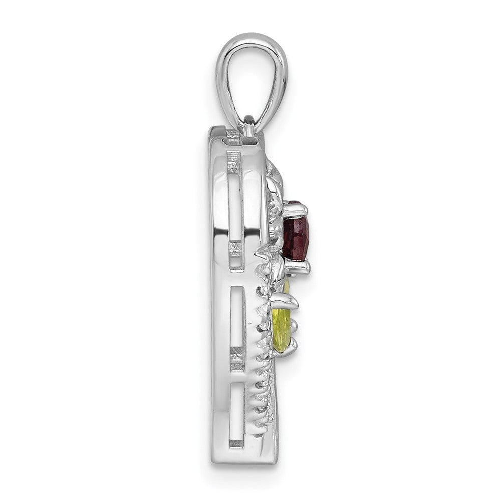 SS RH-pltd Garnet Peridot and White Topaz Floral Heart Pendant