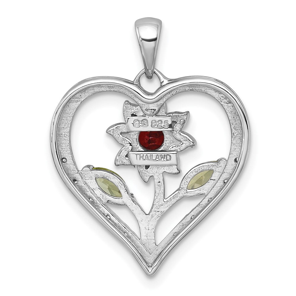 SS RH-pltd Garnet Peridot and White Topaz Floral Heart Pendant