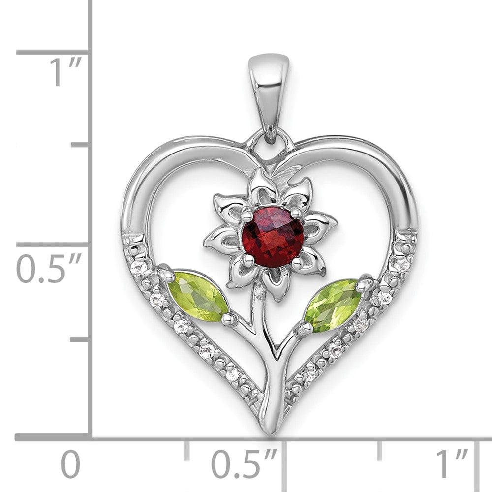 SS RH-pltd Garnet Peridot and White Topaz Floral Heart Pendant