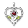 SS RH-pltd Garnet Peridot and White Topaz Floral Heart Pendant