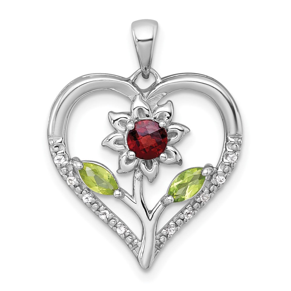 SS RH-pltd Garnet Peridot and White Topaz Floral Heart Pendant