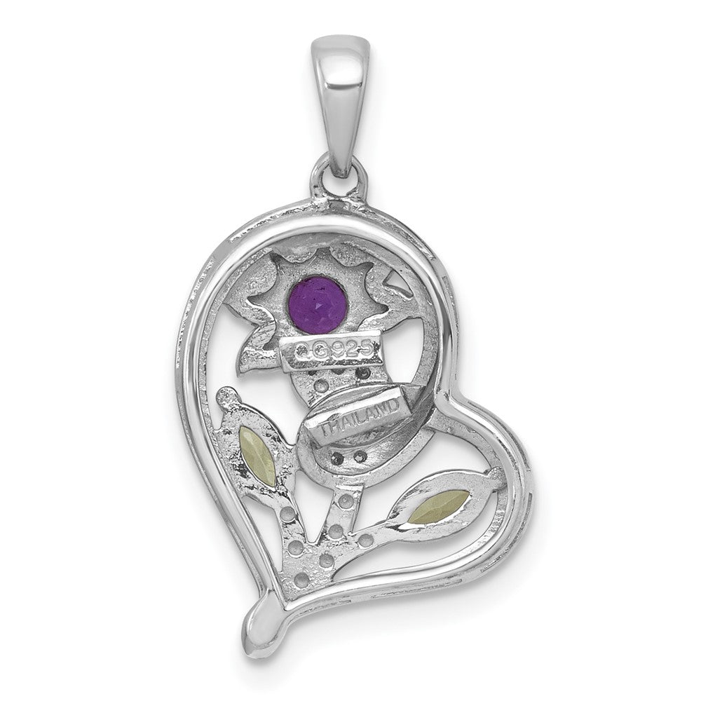 SS RH-pltd Amethyst Peridot and White Topaz Floral Heart Pendant