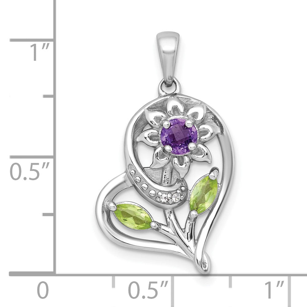 SS RH-pltd Amethyst Peridot and White Topaz Floral Heart Pendant