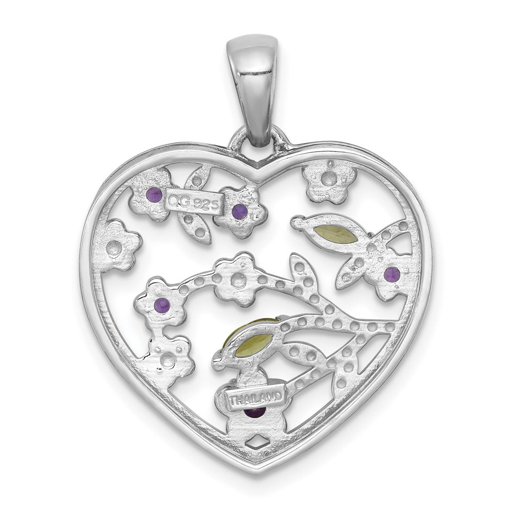 SS RH-plated Polished Amethyst and Peridot Floral Heart Pendant