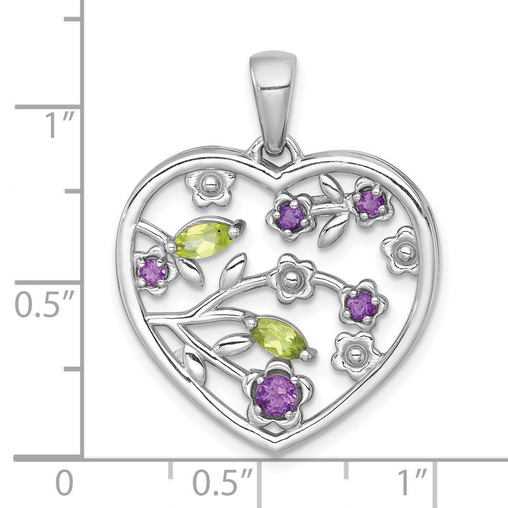 SS RH-plated Polished Amethyst and Peridot Floral Heart Pendant