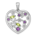 SS RH-plated Polished Amethyst and Peridot Floral Heart Pendant