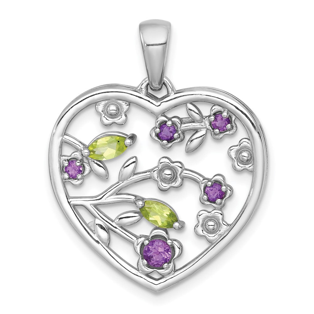SS RH-plated Polished Amethyst and Peridot Floral Heart Pendant