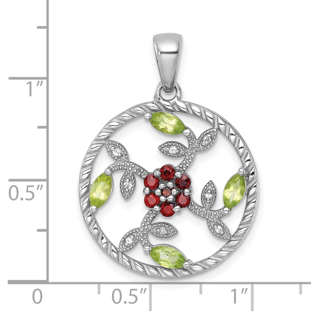 SS RH-pltd Polished and Twisted GA/PE/WT Floral Circle Pendant