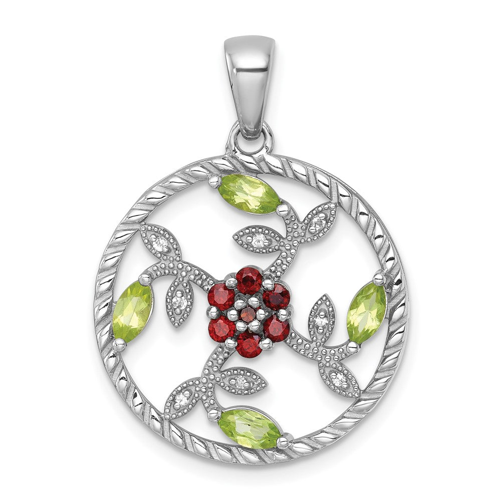 SS RH-pltd Polished and Twisted GA/PE/WT Floral Circle Pendant