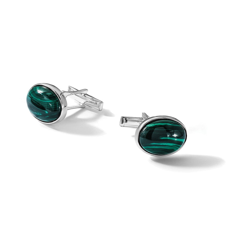 Sterling Silver Polished Malachite Oval Cuff Links