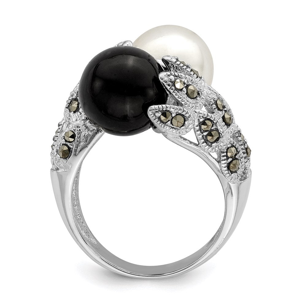 Sterling Silver RH Marcasite Black and White Plastic Imitation Pearl Ring