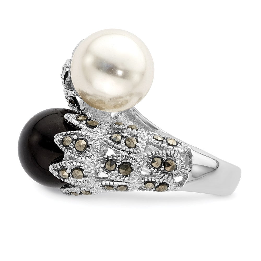 Sterling Silver RH Marcasite Black and White Plastic Imitation Pearl Ring