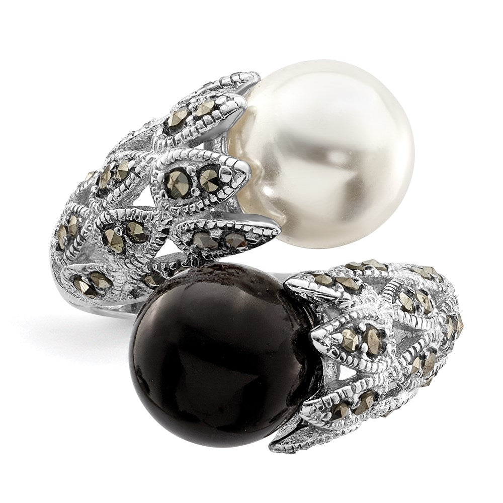 Sterling Silver RH Marcasite Black and White Plastic Imitation Pearl Ring