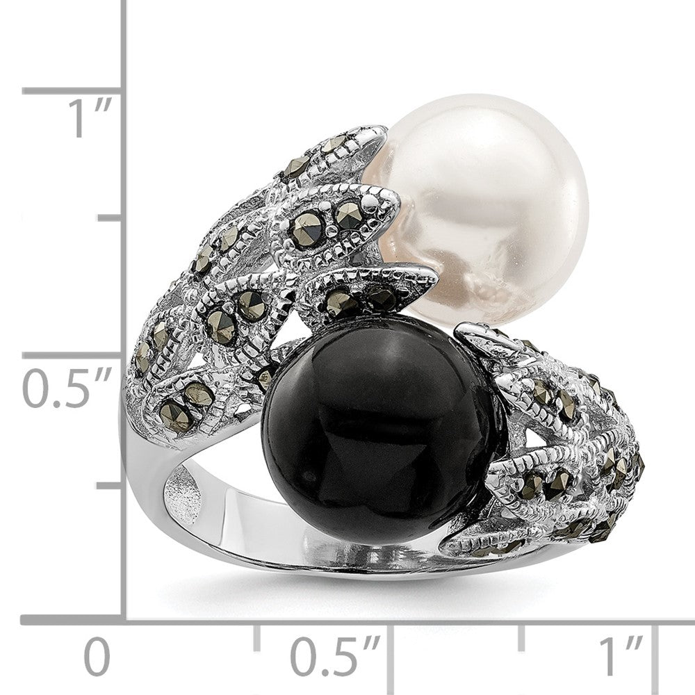 Sterling Silver RH Marcasite Black and White Plastic Imitation Pearl Ring