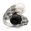 Sterling Silver RH Marcasite Black and White Plastic Imitation Pearl Ring
