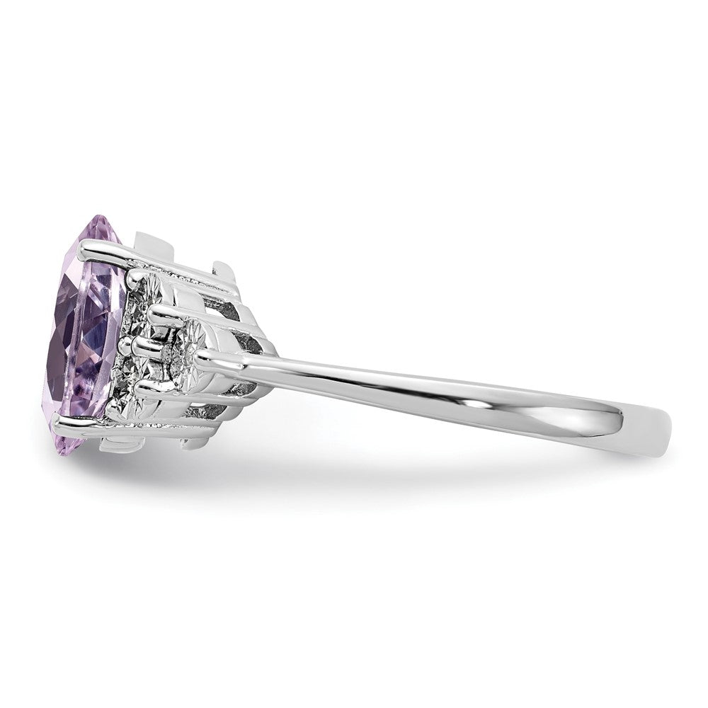 Sterling Silver Rhodium Diam. & Pink Quartz Ring