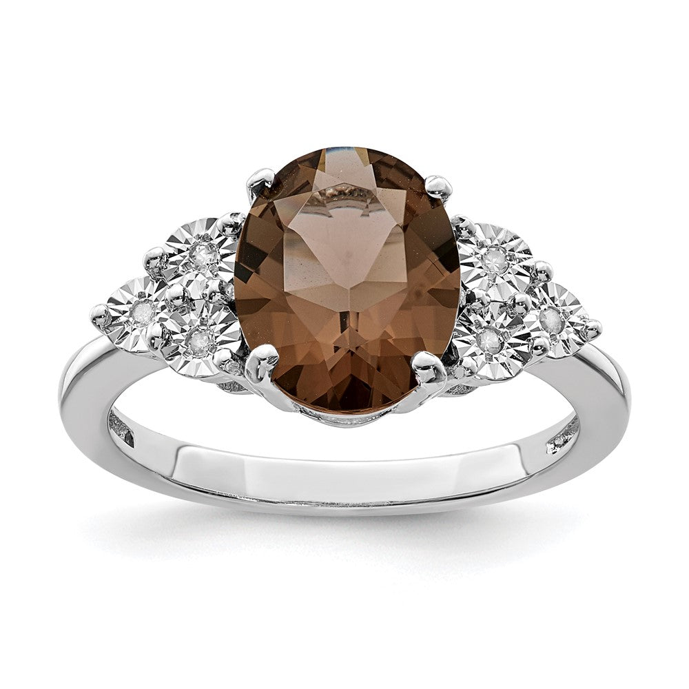 Sterling Silver Rhodium Diam. & Smoky Quartz Ring