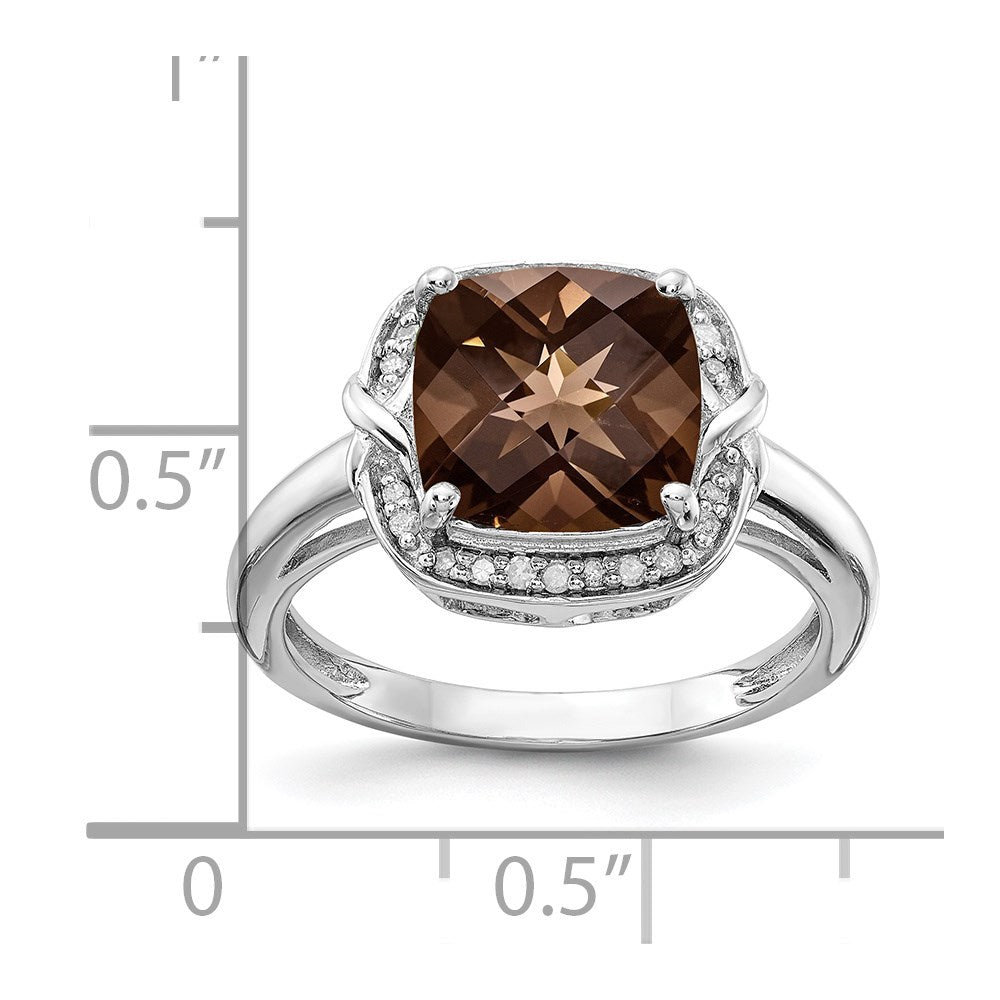 Sterling Silver Rhodium Diam. & Checker-Cut Smoky Quartz Ring